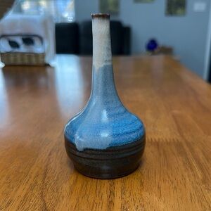 Handmade pottery with brown, blue and cream glaze. Incense or bud vase. Small